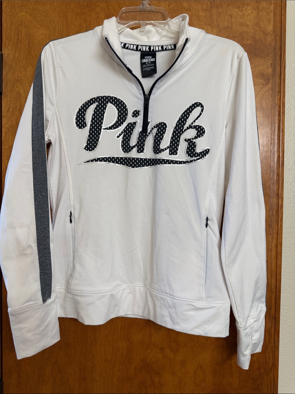 PINK Victoria's Secret Women's White Quarter-Zip Pullover with Contrast Stripe